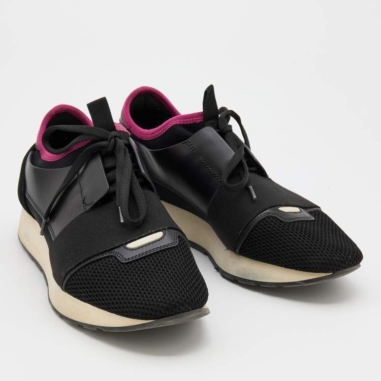 Pre Owned Balenciaga Black Mesh,Leather and Suede Race Runner Low Top Sneakers Size 38