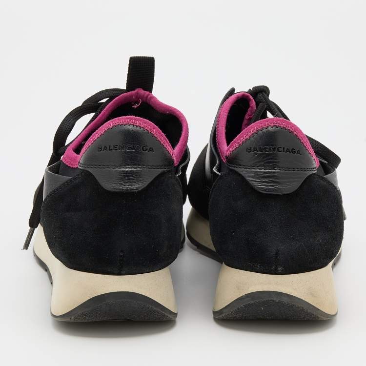 Pre Owned Balenciaga Black Mesh,Leather and Suede Race Runner Low Top Sneakers Size 38