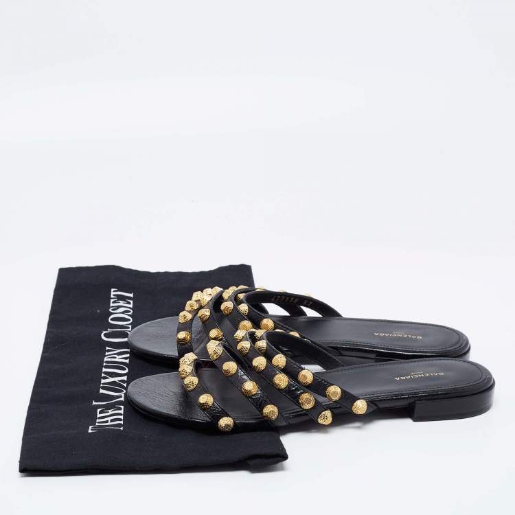 Pre Owned Balenciaga Black Leather Studded Accents Flat Slides Size 37