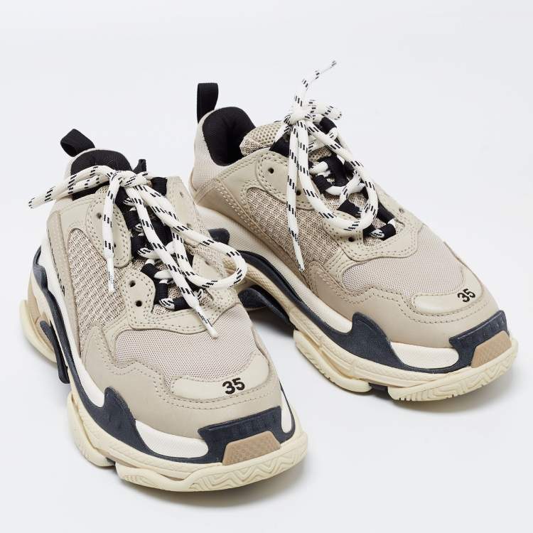 Pre Owned Balenciaga Grey Mesh and Leather Triple S Sneakers Size 35