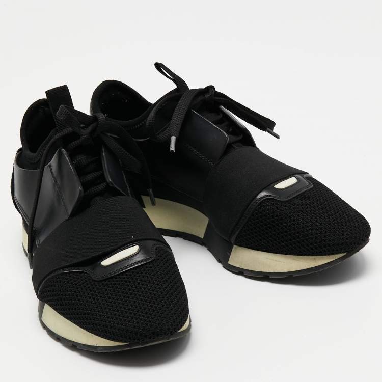 Pre Owned Balenciaga Black Leather and Mesh Race Runner Sneakers Size 38