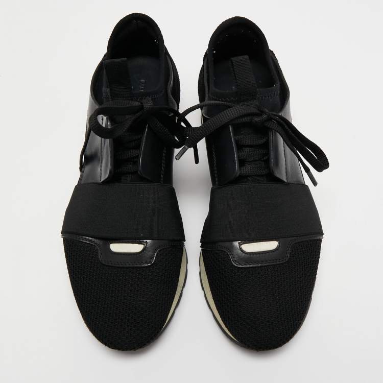 Pre Owned Balenciaga Black Leather and Mesh Race Runner Sneakers Size 38