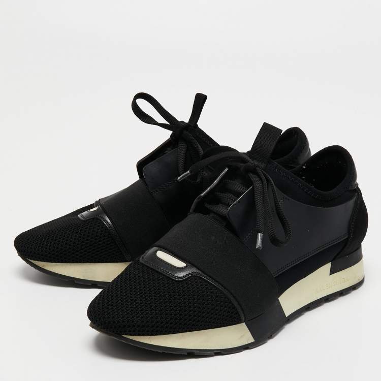 Pre Owned Balenciaga Black Leather and Mesh Race Runner Sneakers Size 38