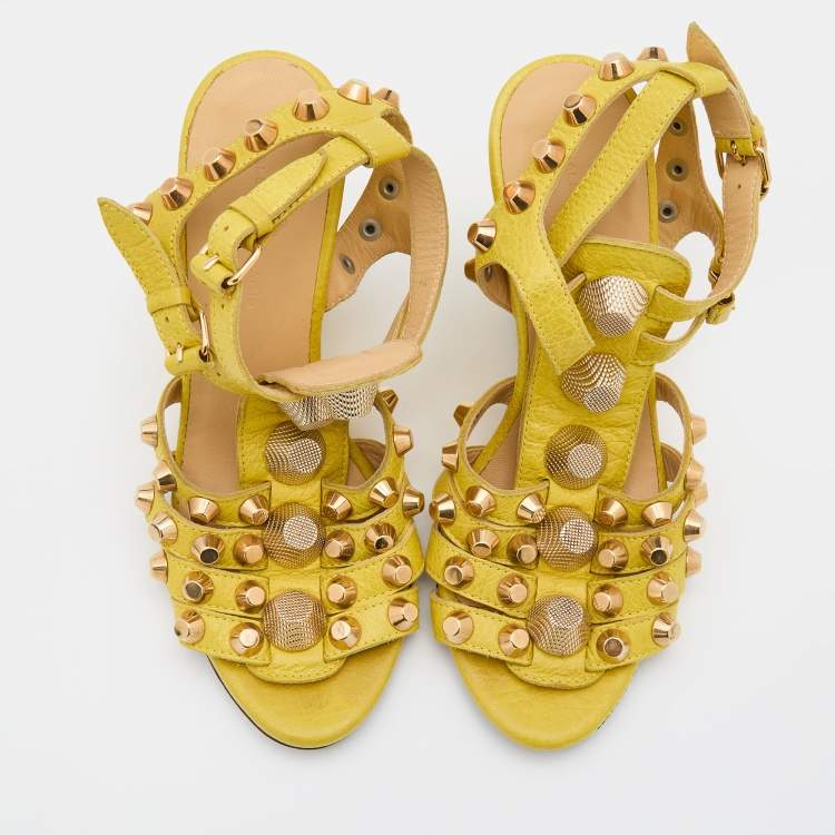 Pre Owned Balenciaga Yellow Leather Arena Studded Gladiator Wedge Sandals Size 36