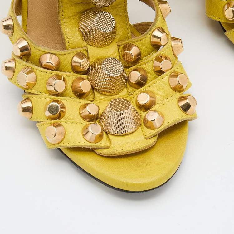 Pre Owned Balenciaga Yellow Leather Arena Studded Gladiator Wedge Sandals Size 36