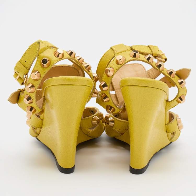 Pre Owned Balenciaga Yellow Leather Arena Studded Gladiator Wedge Sandals Size 36