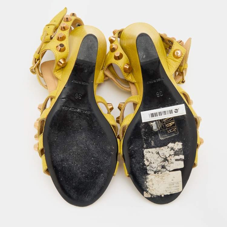 Pre Owned Balenciaga Yellow Leather Arena Studded Gladiator Wedge Sandals Size 36