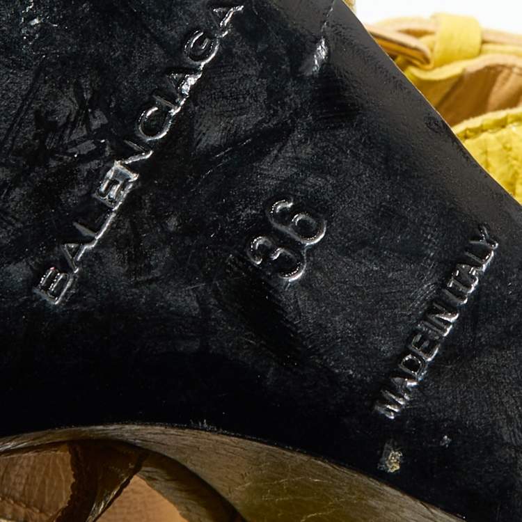 Pre Owned Balenciaga Yellow Leather Arena Studded Gladiator Wedge Sandals Size 36