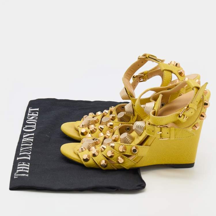 Pre Owned Balenciaga Yellow Leather Arena Studded Gladiator Wedge Sandals Size 36