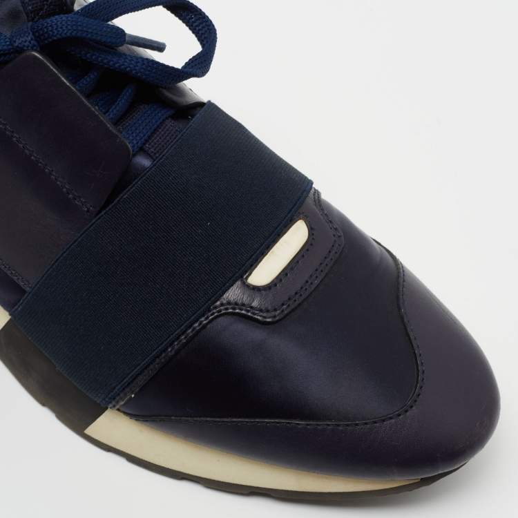 Pre Owned Balenciaga Navy Blue Satin and Leather Race Runner Low Top Sneakers Size 40