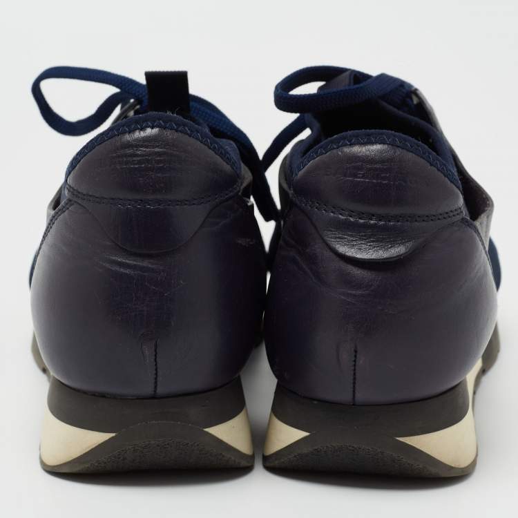 Pre Owned Balenciaga Navy Blue Satin and Leather Race Runner Low Top Sneakers Size 40