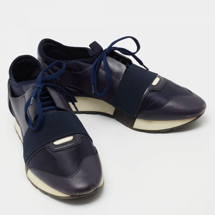 Pre Owned Balenciaga Navy Blue Satin and Leather Race Runner Low Top Sneakers Size 40
