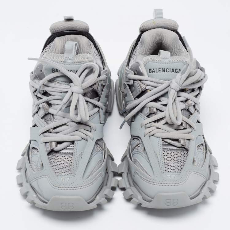 Pre Owned Balenciaga Grey Leather and Mesh Track Sneakers Size 37