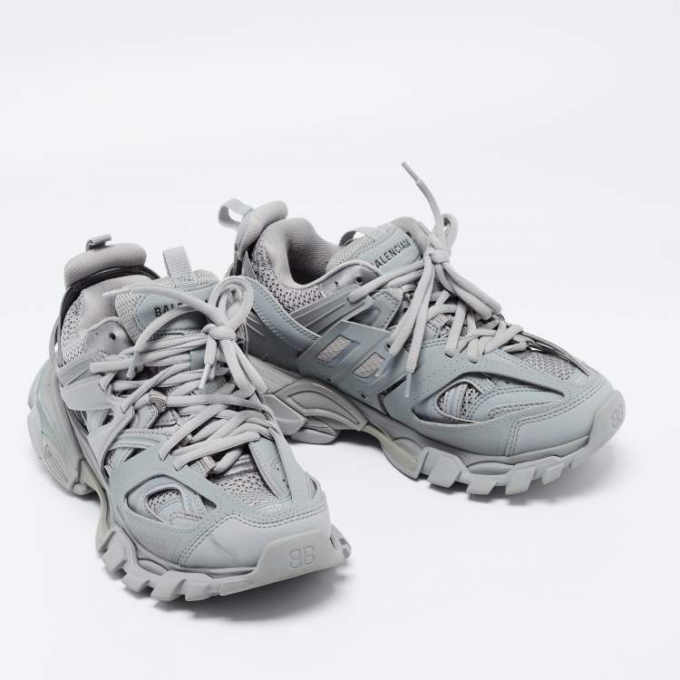 Pre Owned Balenciaga Grey Leather and Mesh Track Sneakers Size 37