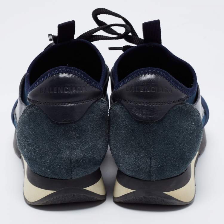 Pre Owned Balenciaga Navy Blue Leather And Mesh Race Runner Sneakers Size 38 