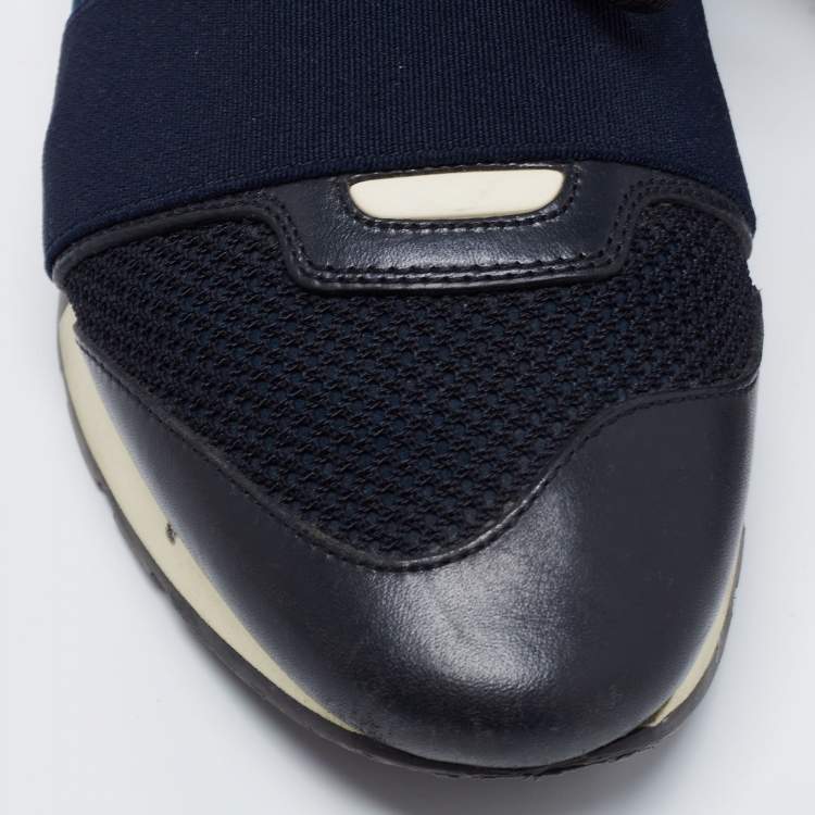 Pre Owned Balenciaga Navy Blue Leather And Mesh Race Runner Sneakers Size 38 