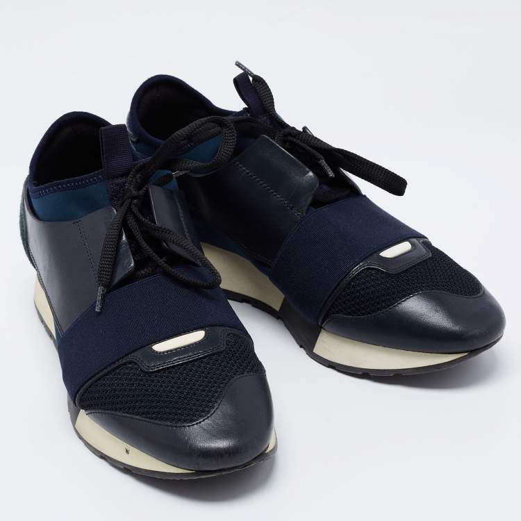 Pre Owned Balenciaga Navy Blue Leather And Mesh Race Runner Sneakers Size 38 