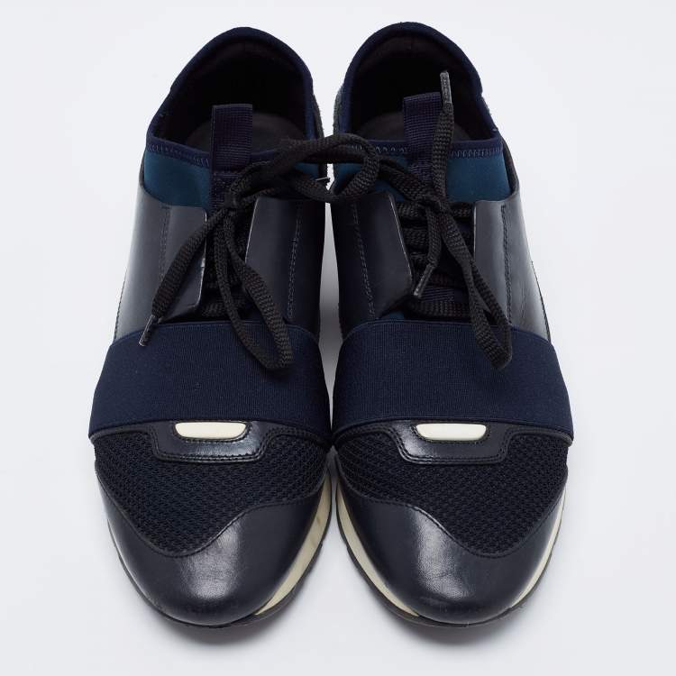 Pre Owned Balenciaga Navy Blue Leather And Mesh Race Runner Sneakers Size 38 