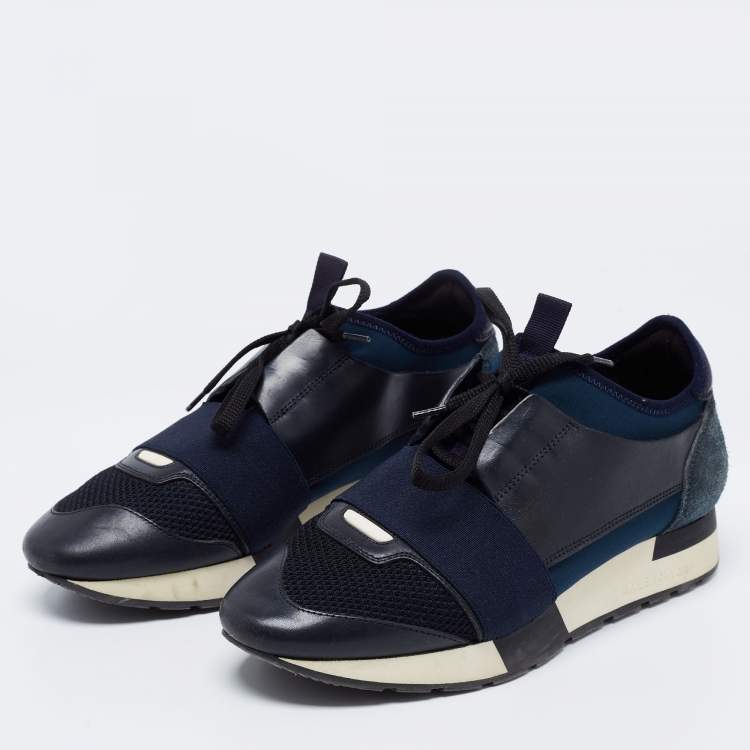 Pre Owned Balenciaga Navy Blue Leather And Mesh Race Runner Sneakers Size 38 