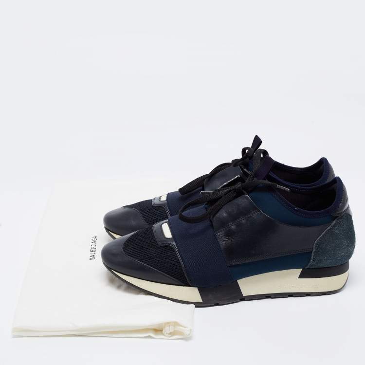 Pre Owned Balenciaga Navy Blue Leather And Mesh Race Runner Sneakers Size 38 