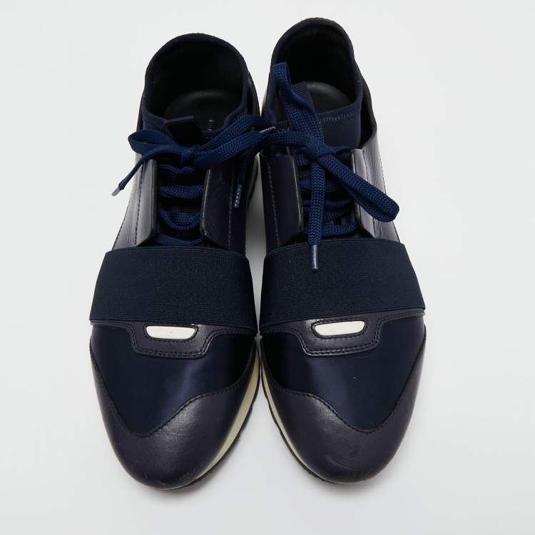 Pre Owned Balenciaga Navy Blue Satin and Leather Race Runner Sneakers Size 39