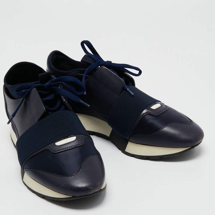 Pre Owned Balenciaga Navy Blue Satin and Leather Race Runner Sneakers Size 39
