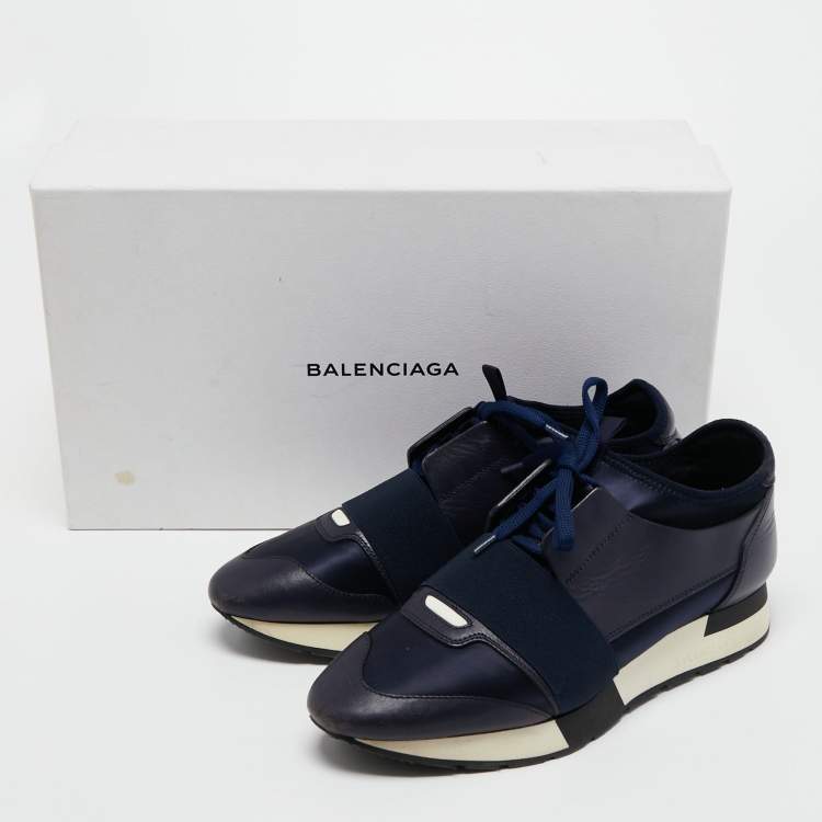Pre Owned Balenciaga Navy Blue Satin and Leather Race Runner Sneakers Size 39