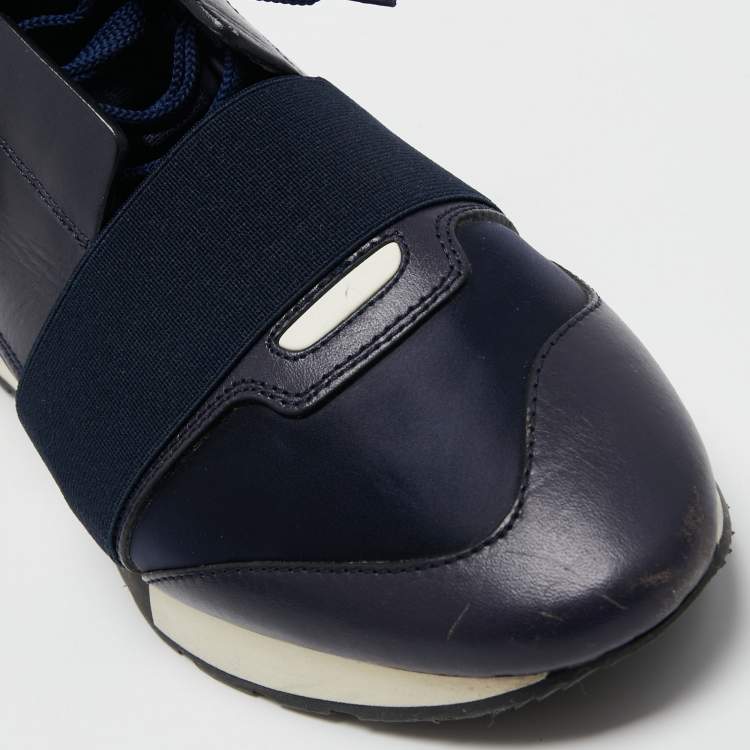 Pre Owned Balenciaga Navy Blue Satin and Leather Race Runner Sneakers Size 39