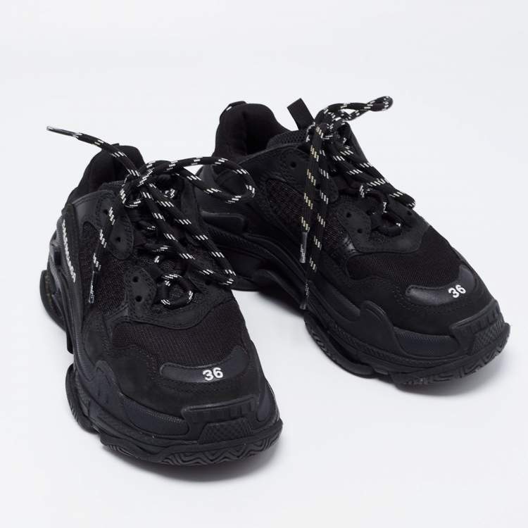 Pre Owned Balenciaga Black Leather and Mesh Triple S Sneakers Size 36