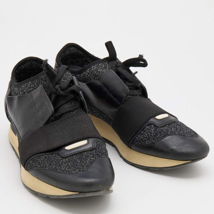 Pre Owned Balenciaga Black Leather and Fabric Race Runner Low Top Sneakers Size 39