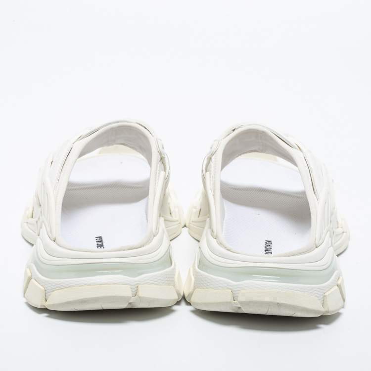 Pre Owned Balenciaga White Synthetic Leather and Rubber Track Flat Slides Size 39