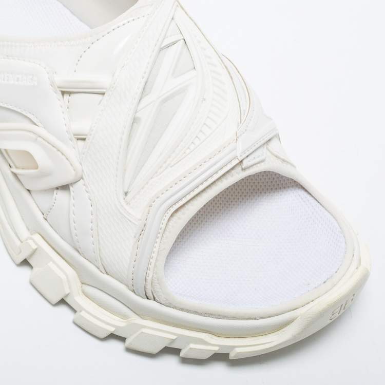 Pre Owned Balenciaga White Synthetic Leather and Rubber Track Flat Slides Size 39