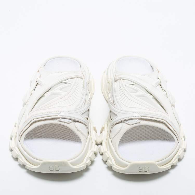 Pre Owned Balenciaga White Synthetic Leather and Rubber Track Flat Slides Size 39