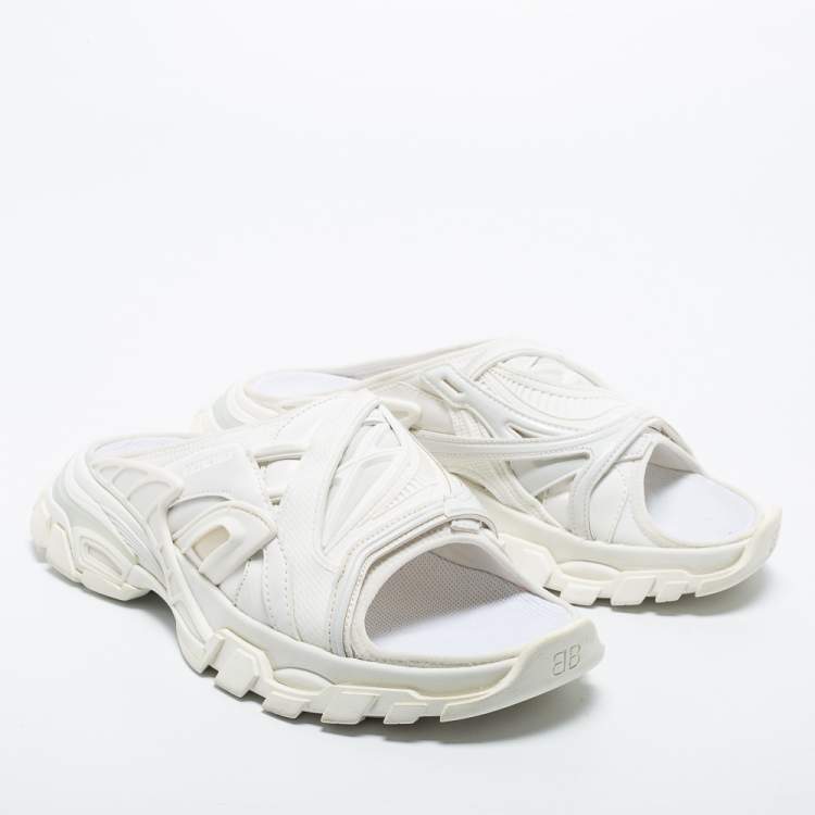 Pre Owned Balenciaga White Synthetic Leather and Rubber Track Flat Slides Size 39