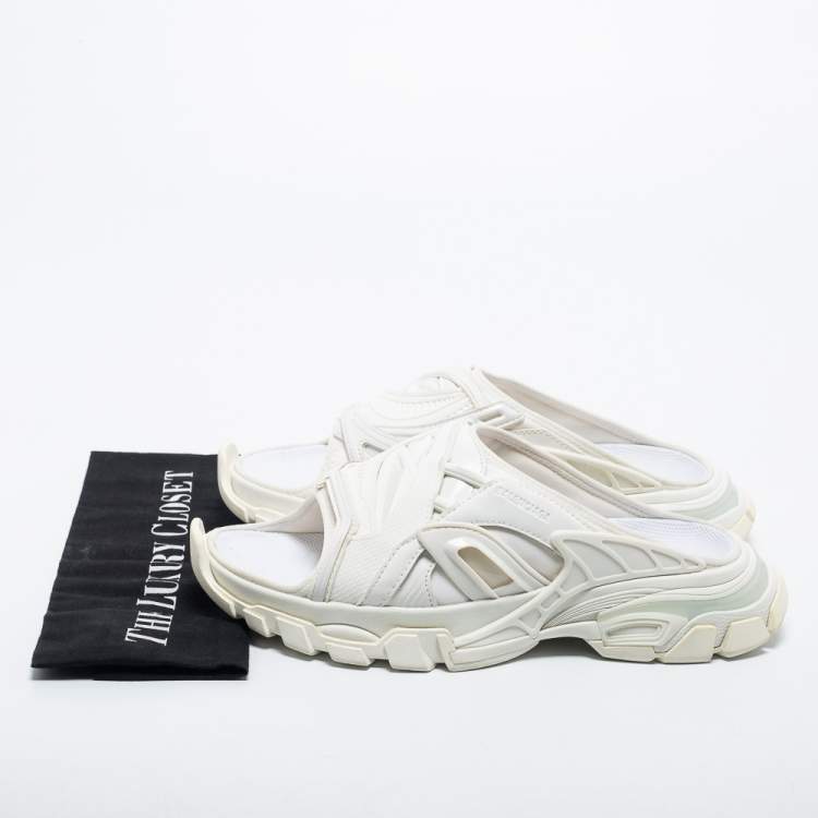 Pre Owned Balenciaga White Synthetic Leather and Rubber Track Flat Slides Size 39