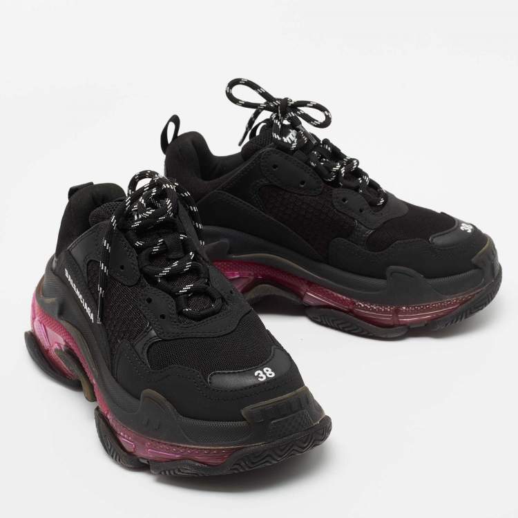 Pre Owned Balenciaga Black  Nubuck And Mesh  Triple S Clear Sneakers Size 38