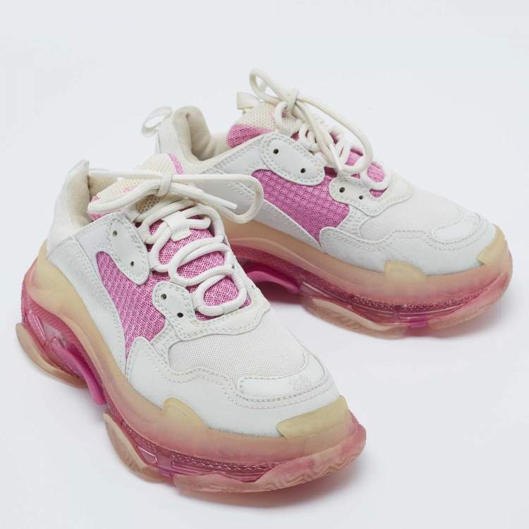 Pre Owned Balenciaga White/Pink Leather and Mesh Triple S Clear Sneakers Size 38