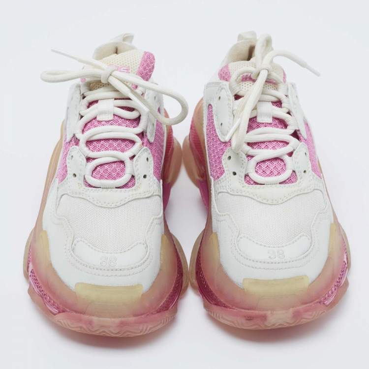 Pre Owned Balenciaga White/Pink Leather and Mesh Triple S Clear Sneakers Size 38