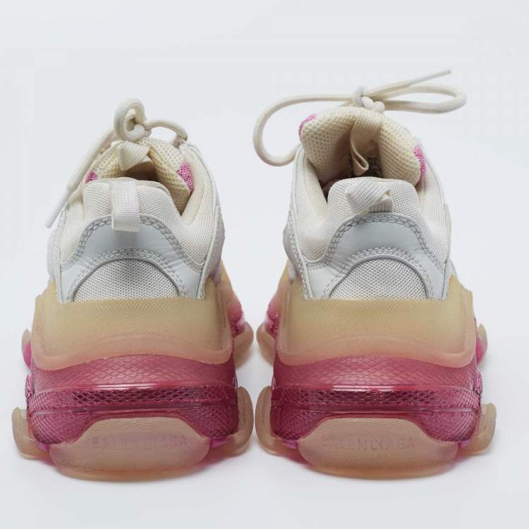 Pre Owned Balenciaga White/Pink Leather and Mesh Triple S Clear Sneakers Size 38
