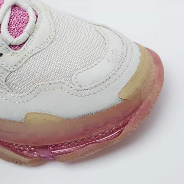 Pre Owned Balenciaga White/Pink Leather and Mesh Triple S Clear Sneakers Size 38