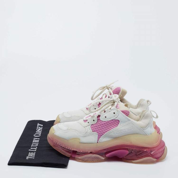 Pre Owned Balenciaga White/Pink Leather and Mesh Triple S Clear Sneakers Size 38