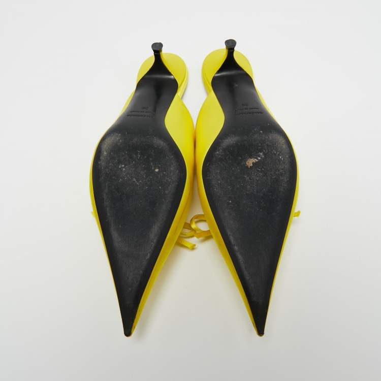 Pre Owned Balenciaga Yellow Satin Knife Mules Sandals Size 39