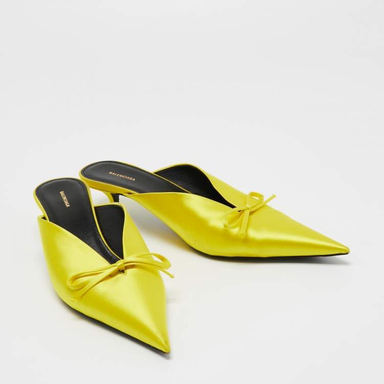 Pre Owned Balenciaga Yellow Satin Knife Mules Sandals Size 39