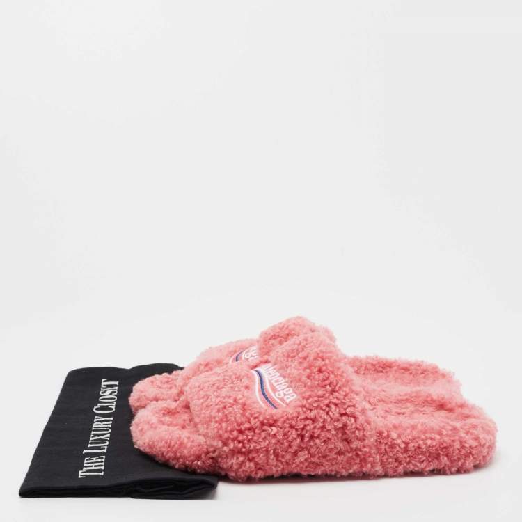 Pre Owned Balenciaga Pink Logo Shearling Flat Slides Size 39