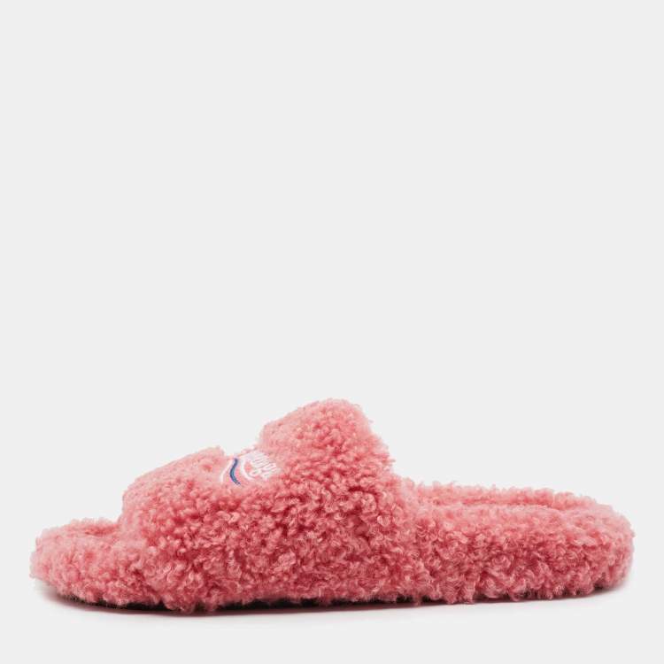 Pre Owned Balenciaga Pink Logo Shearling Flat Slides Size 39