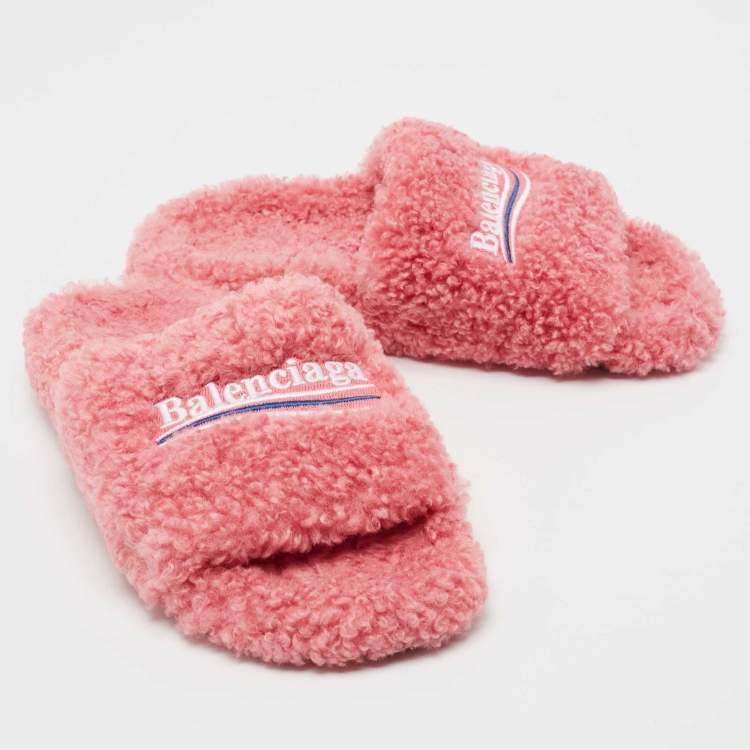 Pre Owned Balenciaga Pink Logo Shearling Flat Slides Size 39