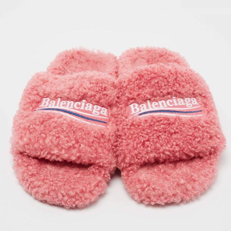 Pre Owned Balenciaga Pink Logo Shearling Flat Slides Size 39