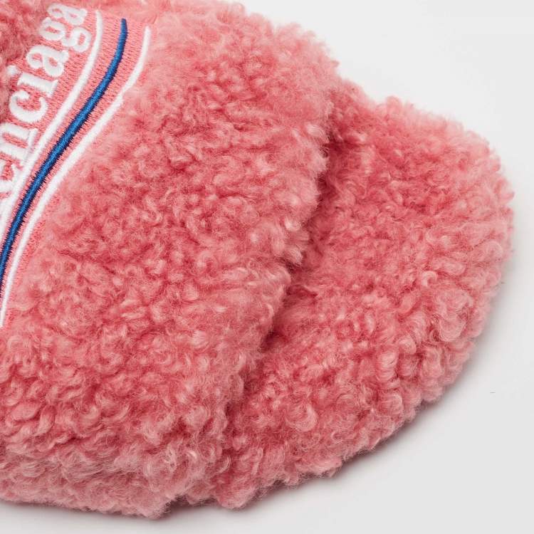Pre Owned Balenciaga Pink Logo Shearling Flat Slides Size 39
