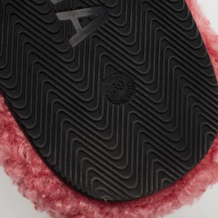 Pre Owned Balenciaga Pink Logo Shearling Flat Slides Size 39