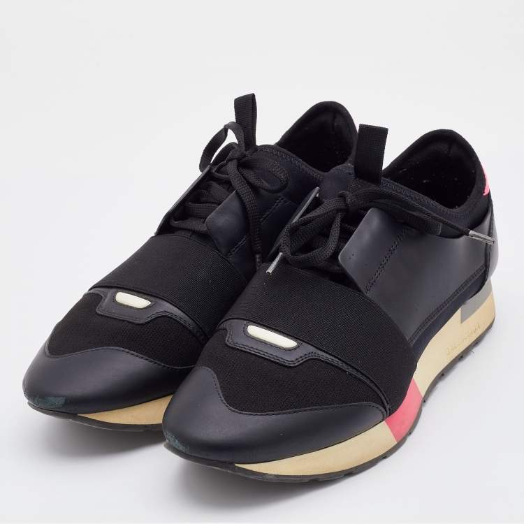 Pre Owned Balenciaga Black Leather and Knit Fabric Race Runner Sneakers Size 40